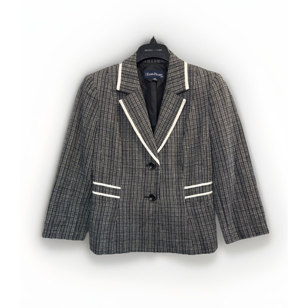 Evan Picone Suit Jacket Women's 8P Black White Check Plaid Cotton Linen Blazer‎